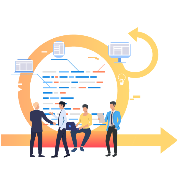 A graphic of people working on a app, representing application management and support